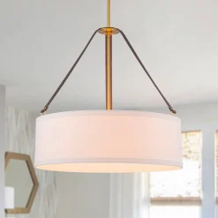 (OpenBox) 4-Light Brass White Linen Wide Drum Cage Pendant Light