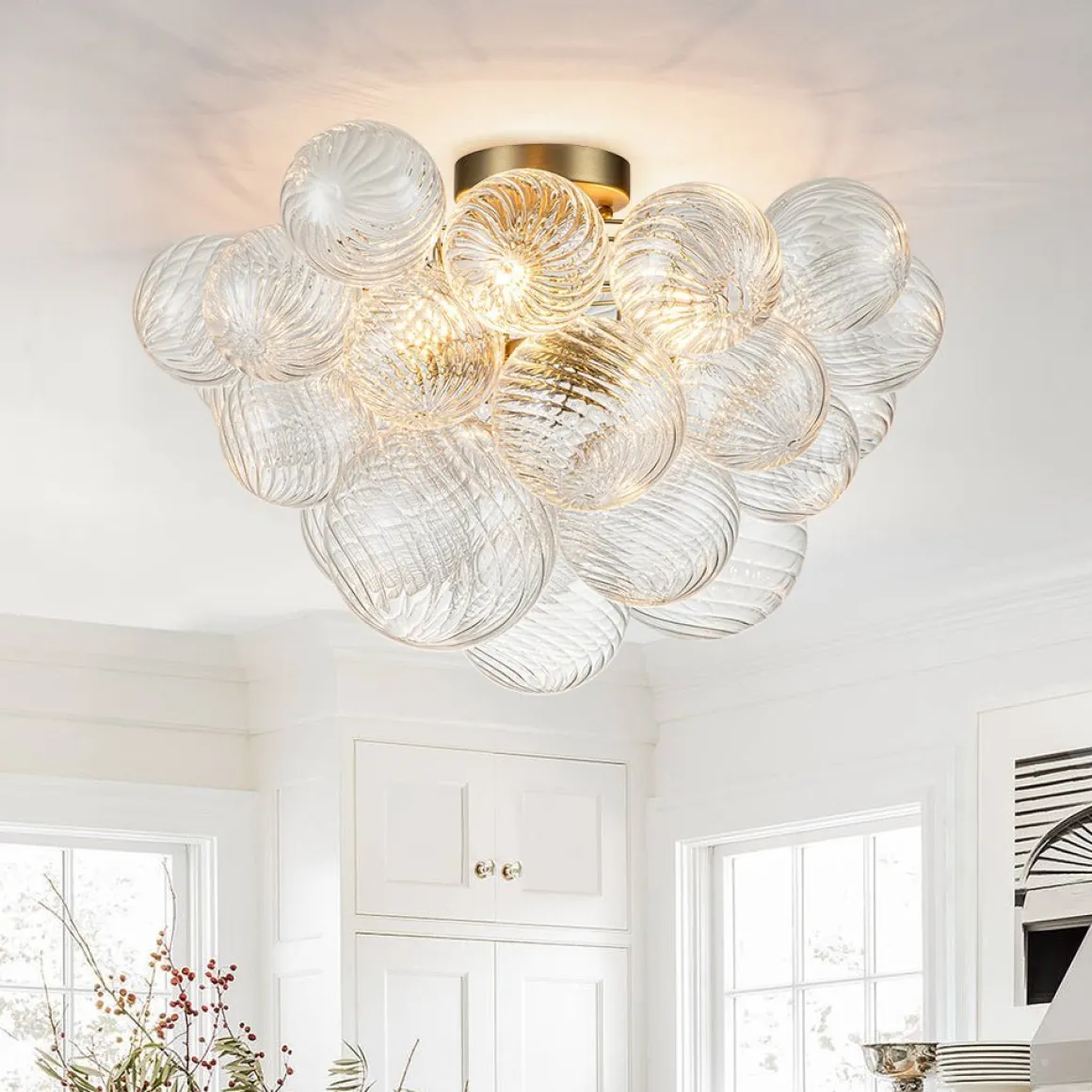 (OpenBox) 3-Light Cluster Ribbed Glass Bubble Semi Flush Chandelier