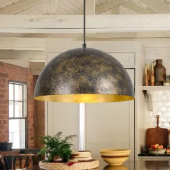 Oversized Antique Dark Rust Iron Dome Pendant Light