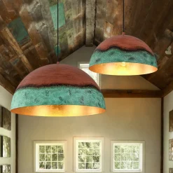 Oversized Industrial Copper Patina Metal Dome Pendant Light