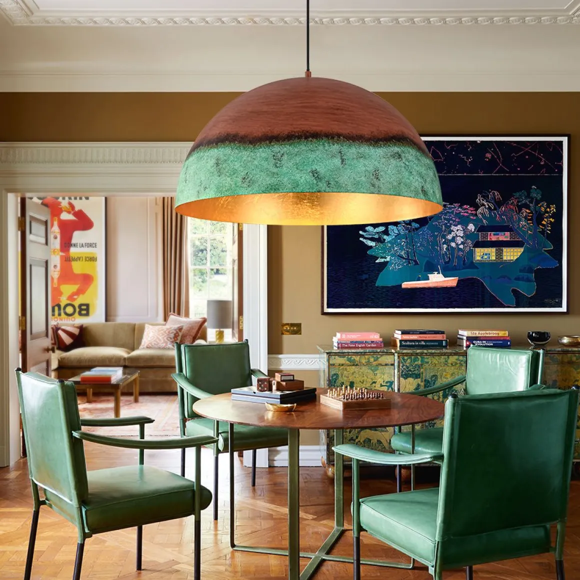 Oversized Industrial Copper Patina Metal Dome Pendant Light