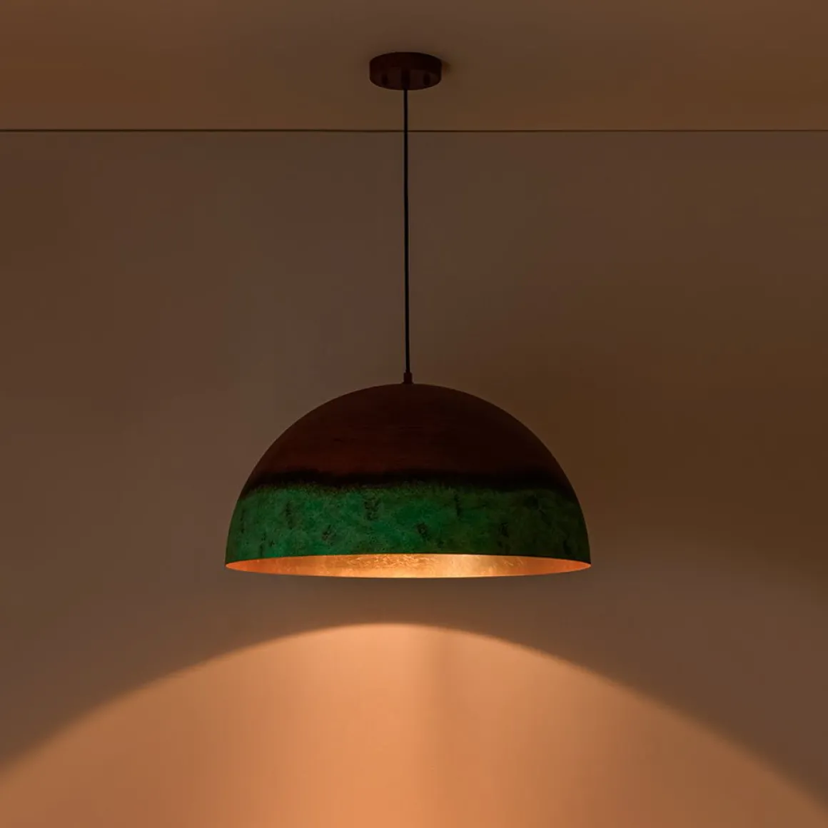 Oversized Industrial Copper Patina Metal Dome Pendant Light