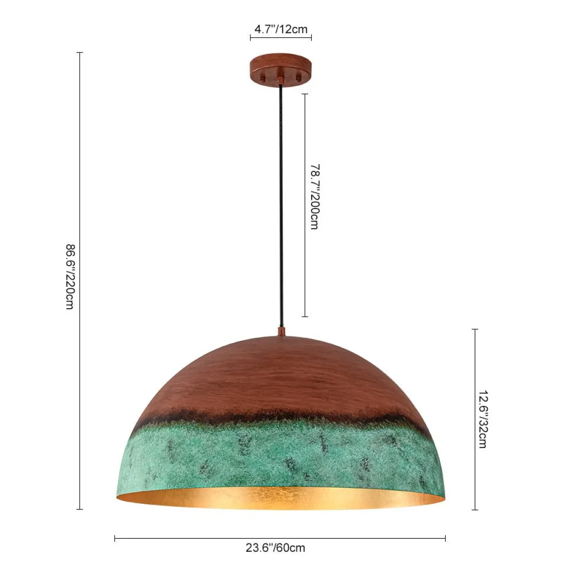Oversized Industrial Copper Patina Metal Dome Pendant Light