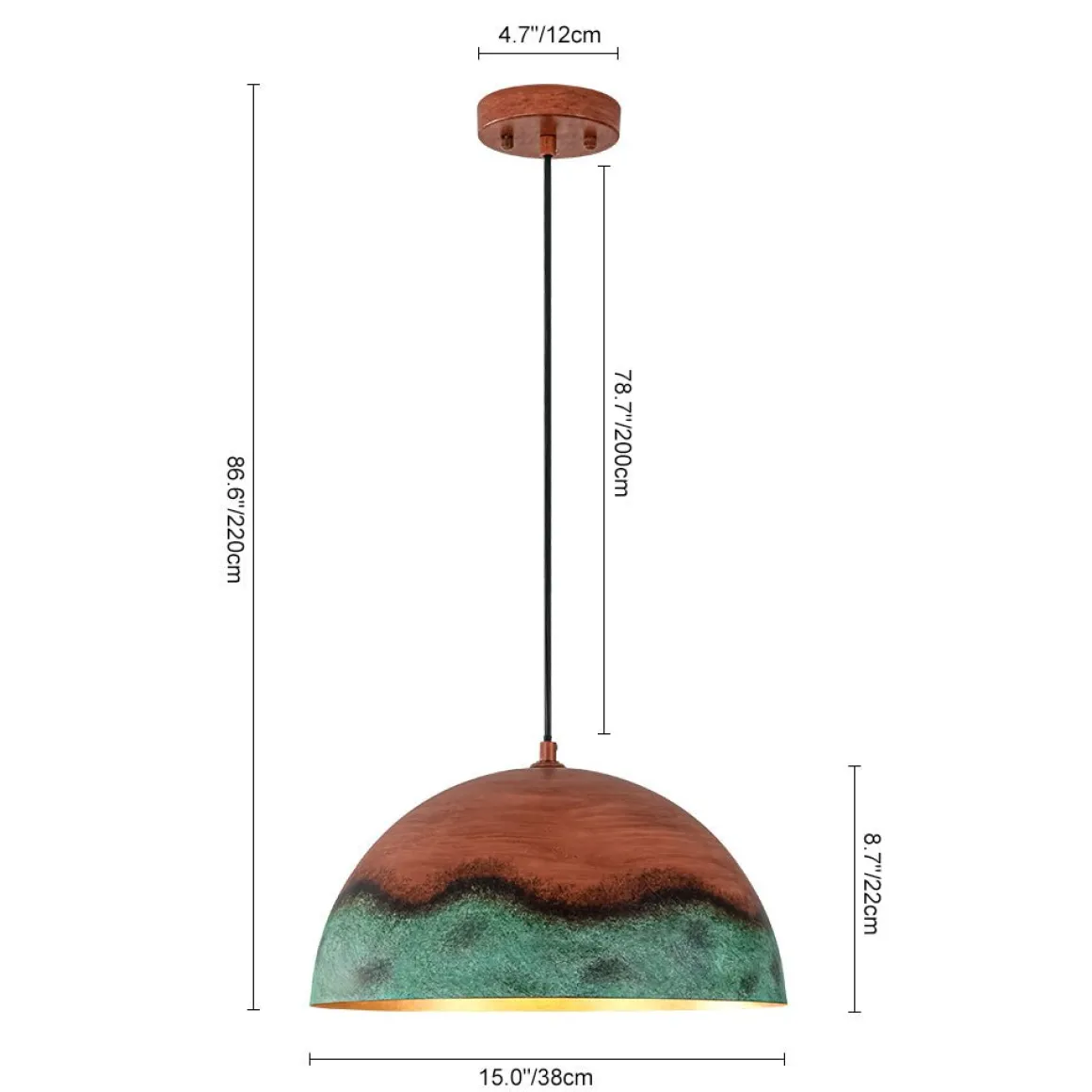 Oversized Industrial Copper Patina Metal Dome Pendant Light