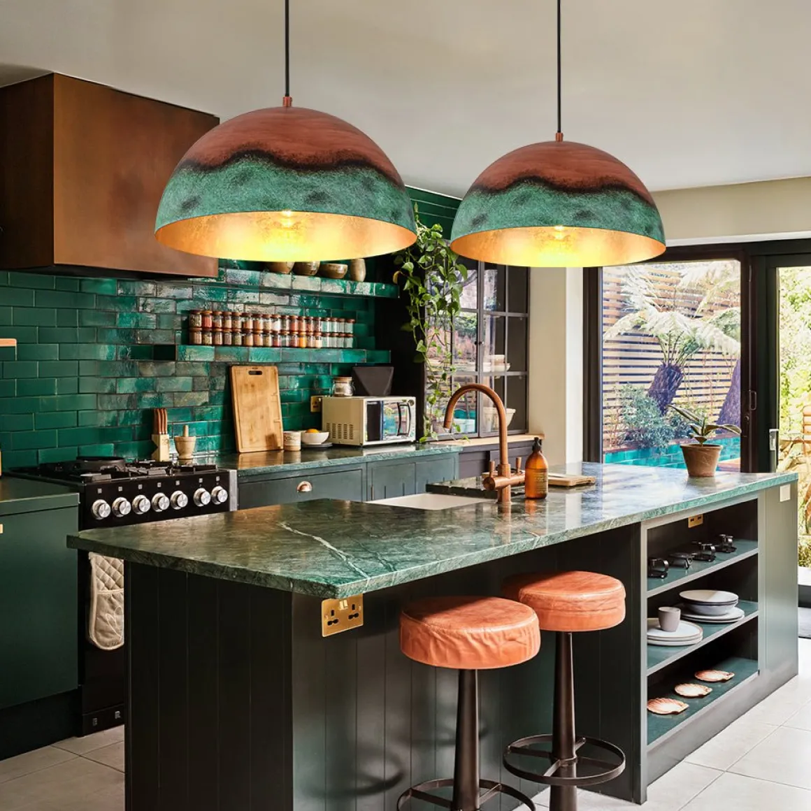 Oversized Industrial Copper Patina Metal Dome Pendant Light