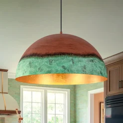 Oversized Industrial Copper Patina Metal Dome Pendant Light