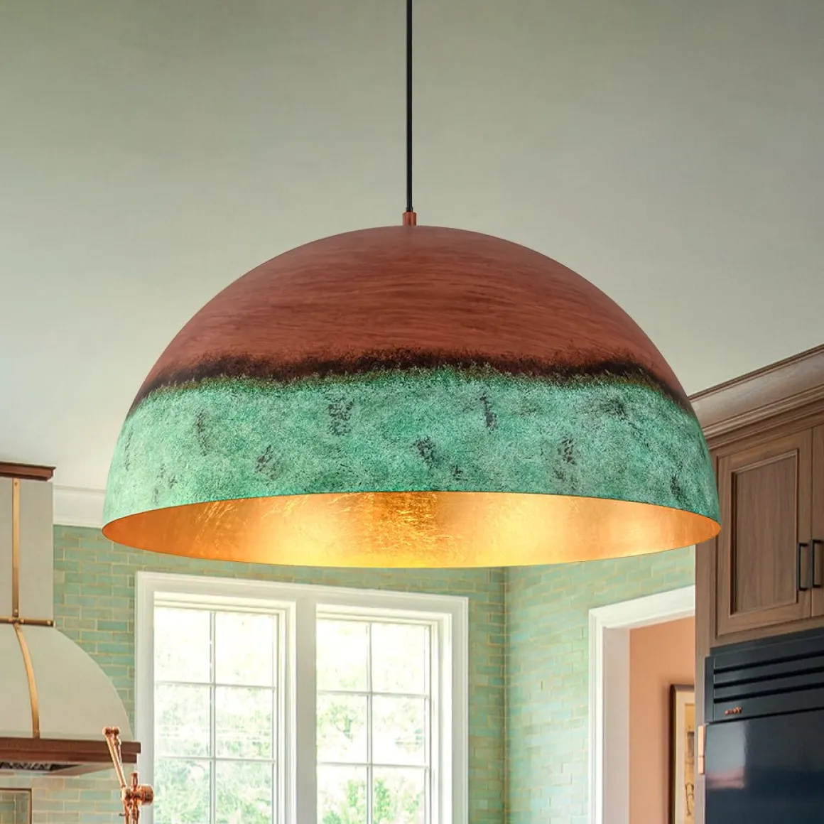 Oversized Industrial Copper Patina Metal Dome Pendant Light