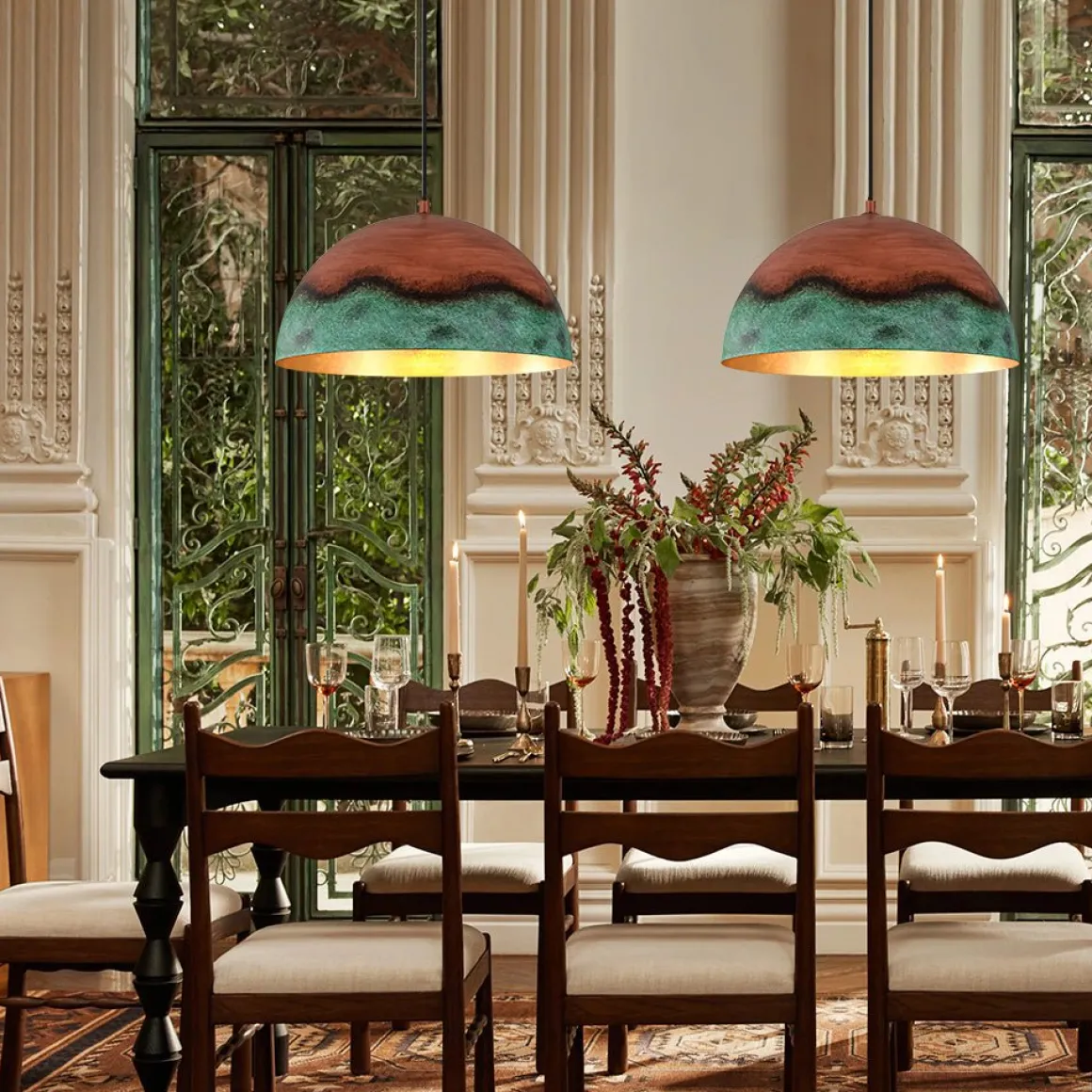 Oversized Industrial Copper Patina Metal Dome Pendant Light