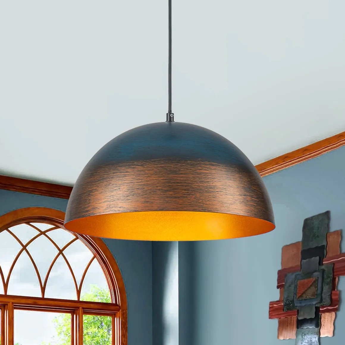 Oversized Industrial Oxidized Copper Patina Dome Pendant