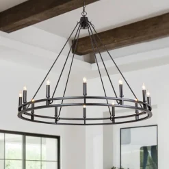 Oversized Vintage Black Candle Style Wagon Wheel Chandelier