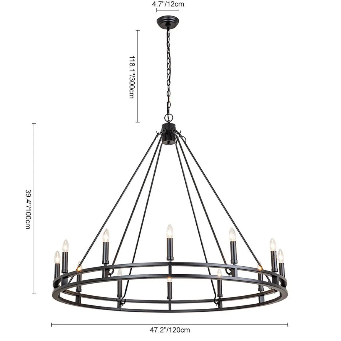 Oversized Vintage Black Candle Style Wagon Wheel Chandelier