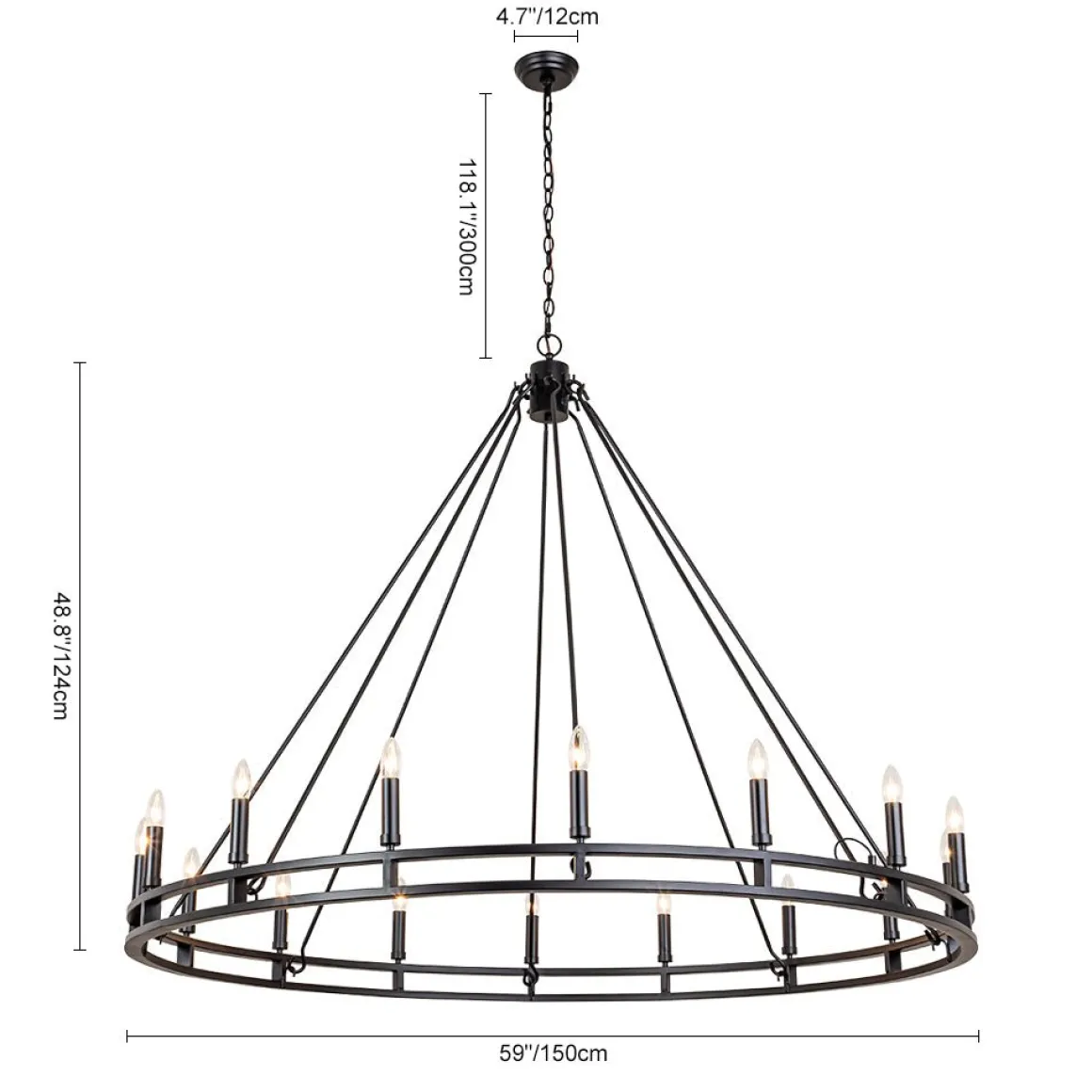 Oversized Vintage Black Candle Style Wagon Wheel Chandelier