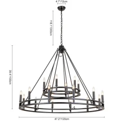 Oversized Vintage Black Candle Style Wagon Wheel Chandelier