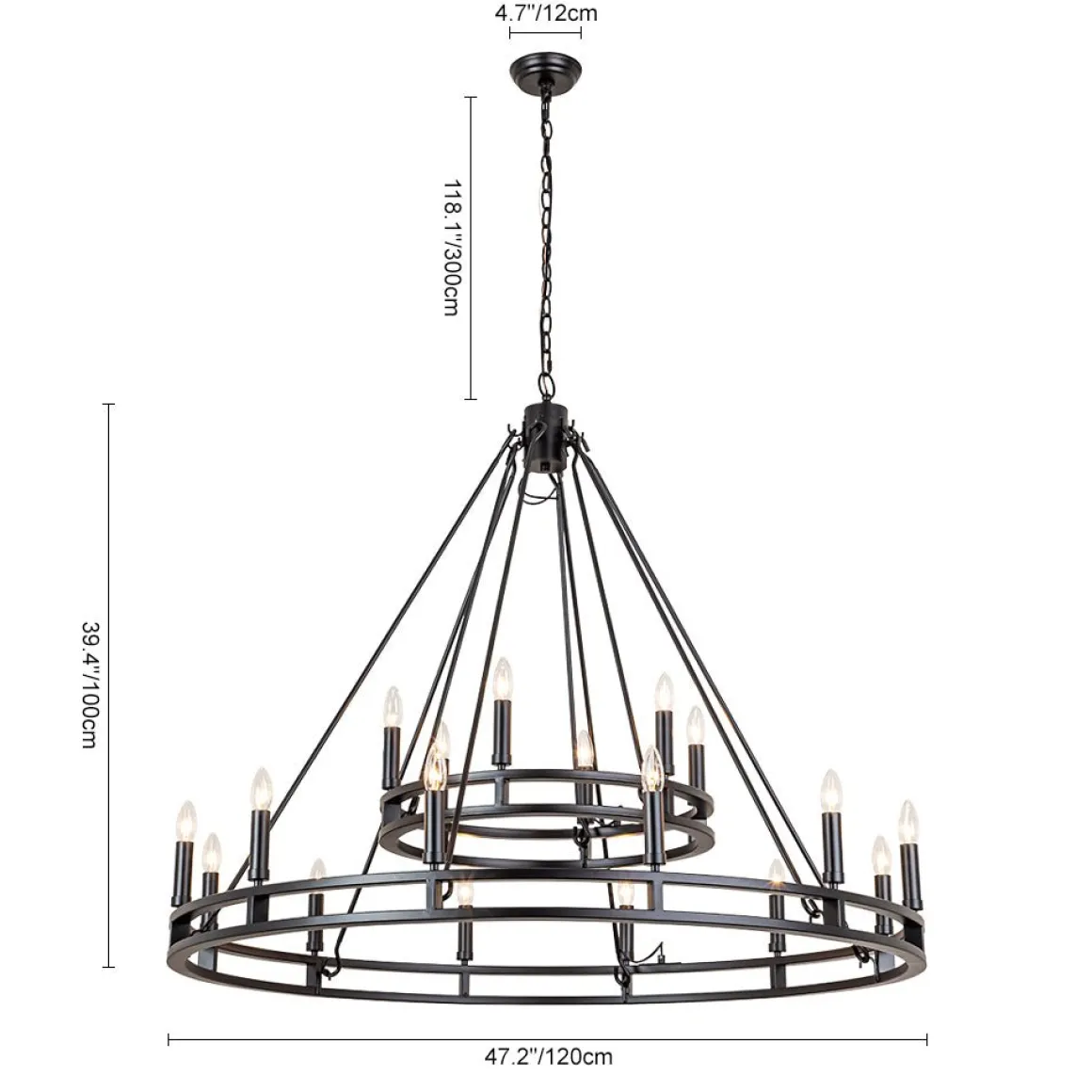 Oversized Vintage Black Candle Style Wagon Wheel Chandelier