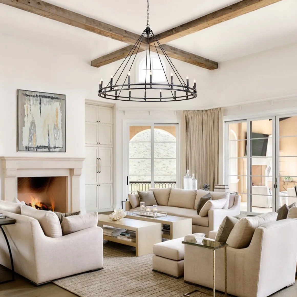 Oversized Vintage Black Candle Style Wagon Wheel Chandelier