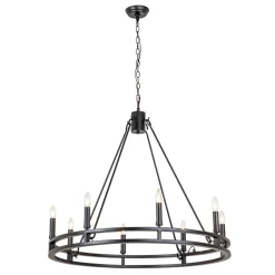 Oversized Vintage Black Candle Style Wagon Wheel Chandelier