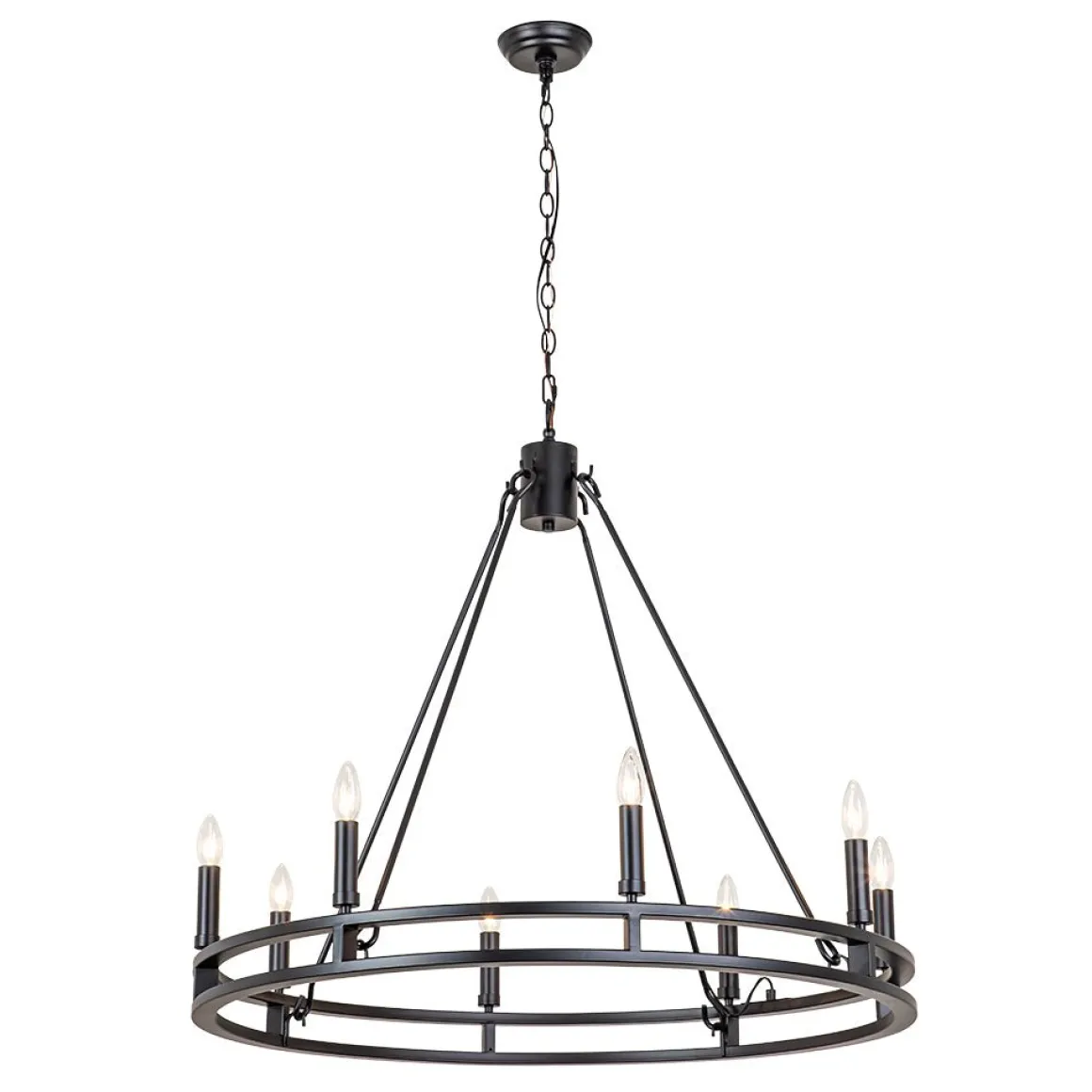 Oversized Vintage Black Candle Style Wagon Wheel Chandelier