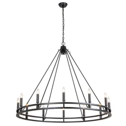 Oversized Vintage Black Candle Style Wagon Wheel Chandelier