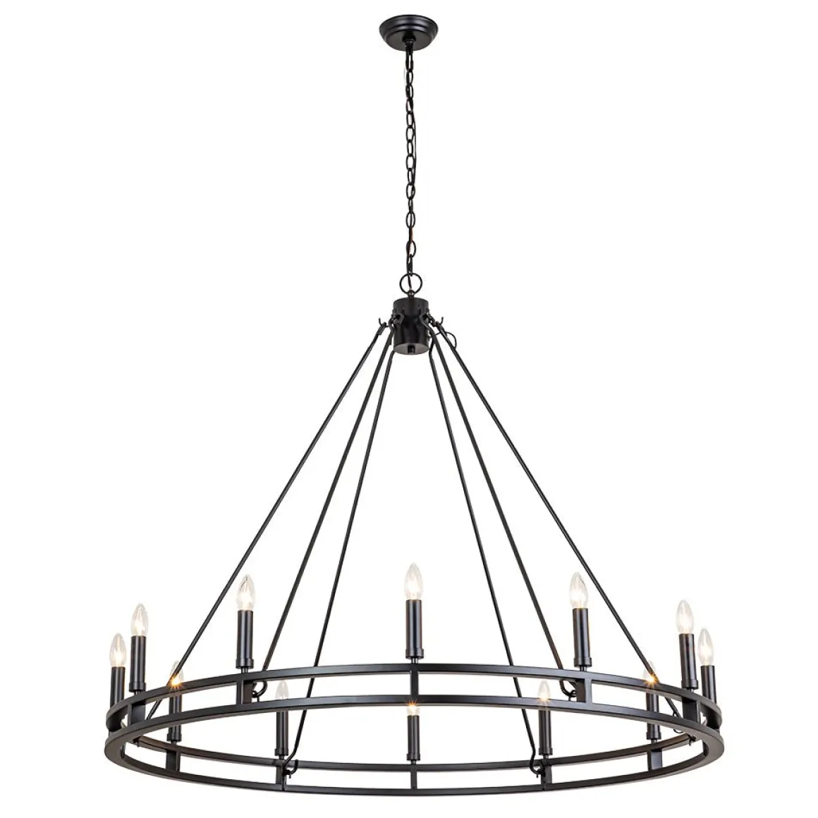 Oversized Vintage Black Candle Style Wagon Wheel Chandelier