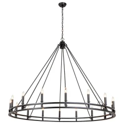 Oversized Vintage Black Candle Style Wagon Wheel Chandelier