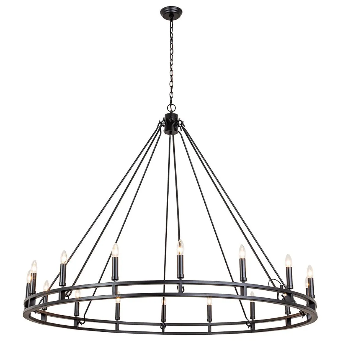 Oversized Vintage Black Candle Style Wagon Wheel Chandelier