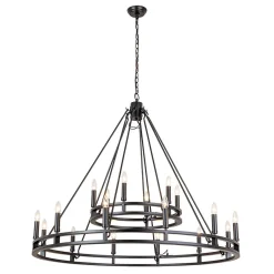Oversized Vintage Black Candle Style Wagon Wheel Chandelier