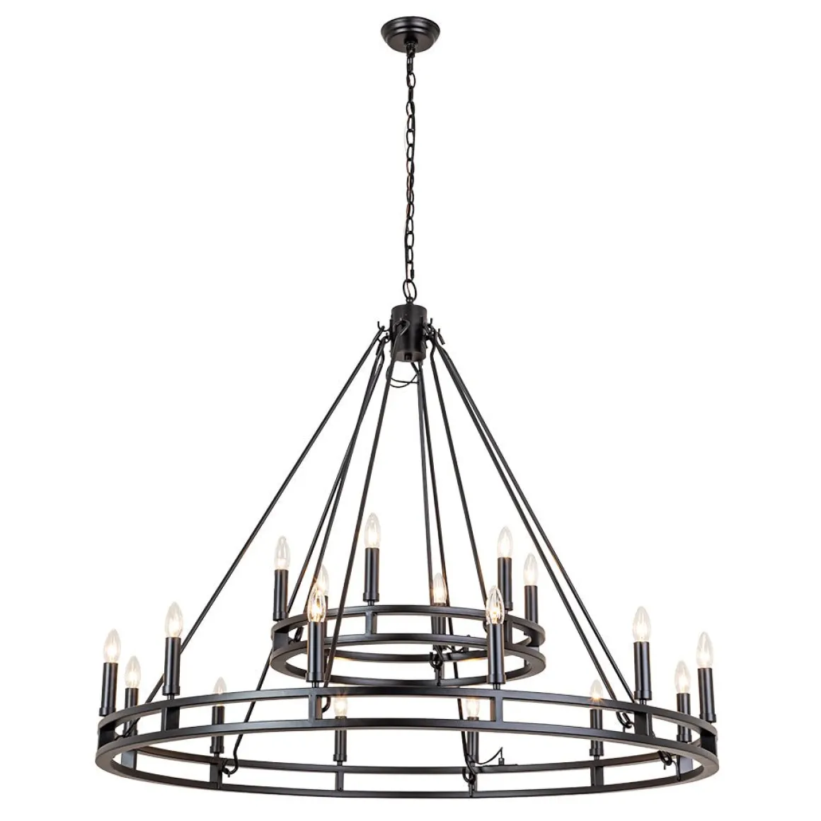 Oversized Vintage Black Candle Style Wagon Wheel Chandelier
