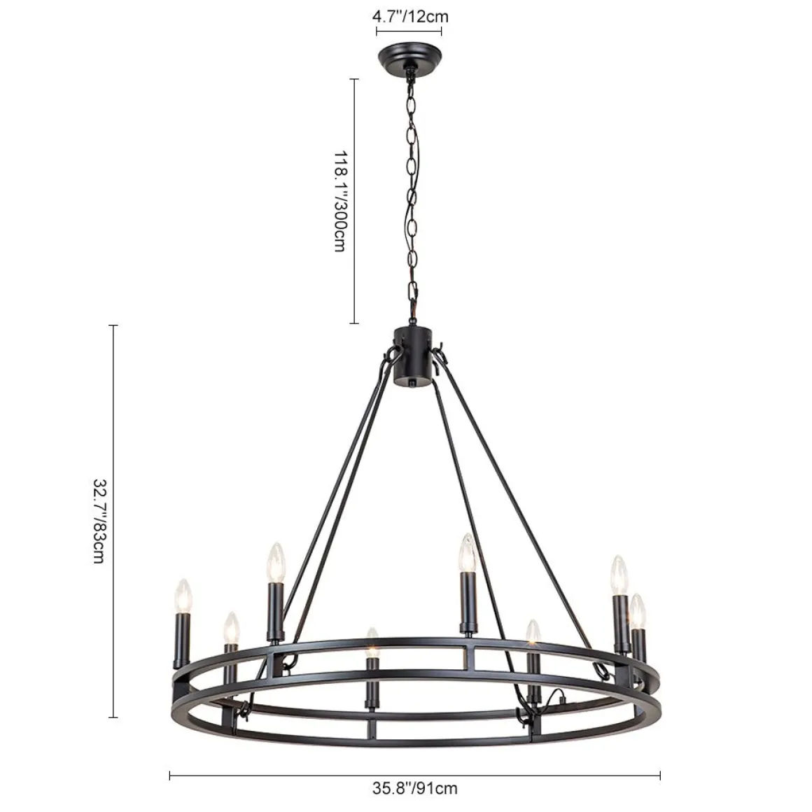 Oversized Vintage Black Candle Style Wagon Wheel Chandelier