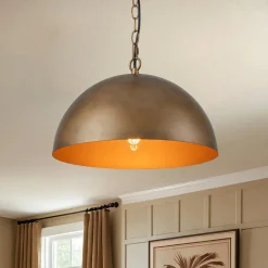 Oversized Vintage Bronze Metal Dome Pendant Light