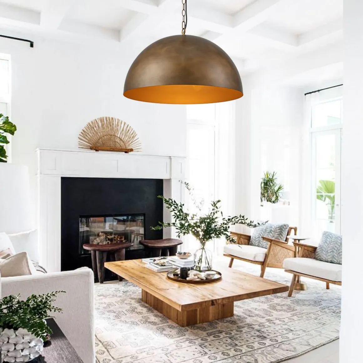 Oversized Vintage Bronze Metal Dome Pendant Light