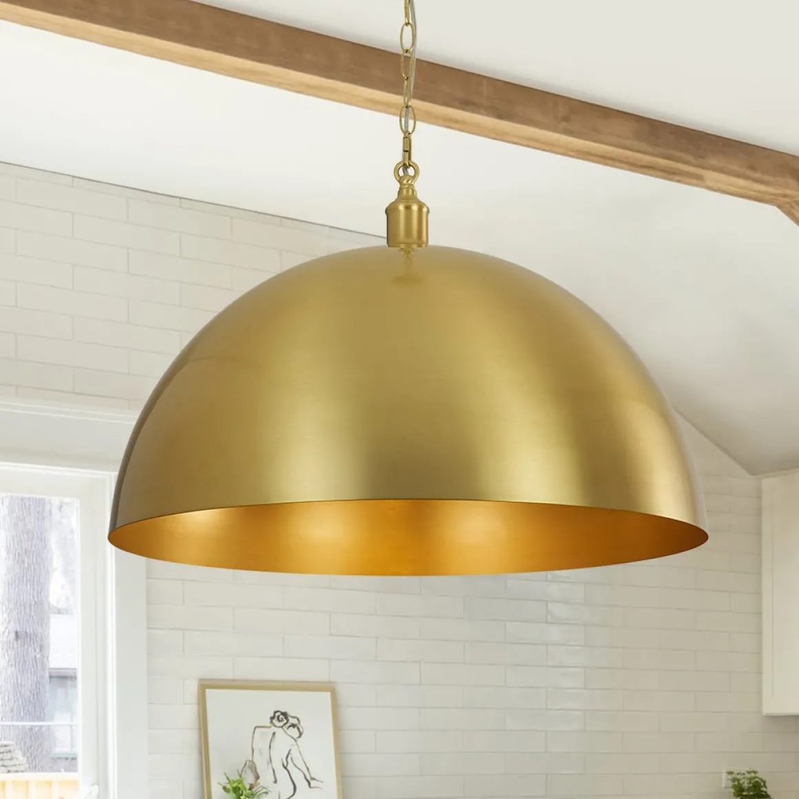 Oversized Vintage Luxe Brass Wide Iron Dome Pendant