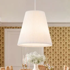 Pleated White Linen Conical Drum Cage Pendant Light