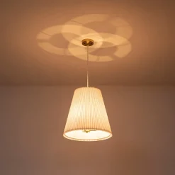 Pleated White Linen Conical Drum Cage Pendant Light