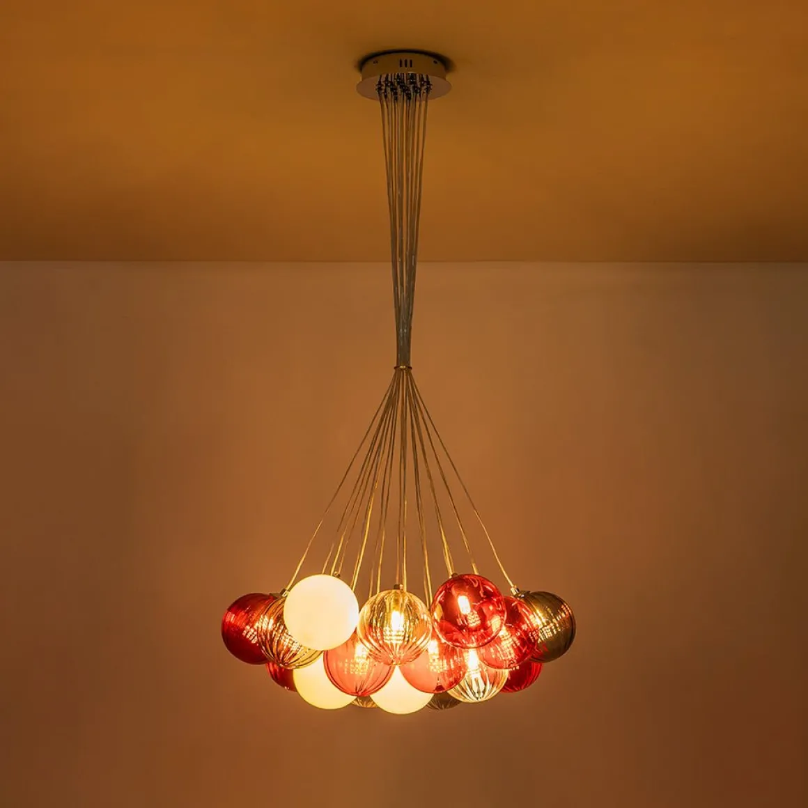 Pop Art Red Orange Hue Cluster Glass Globe Bubble Chandelier