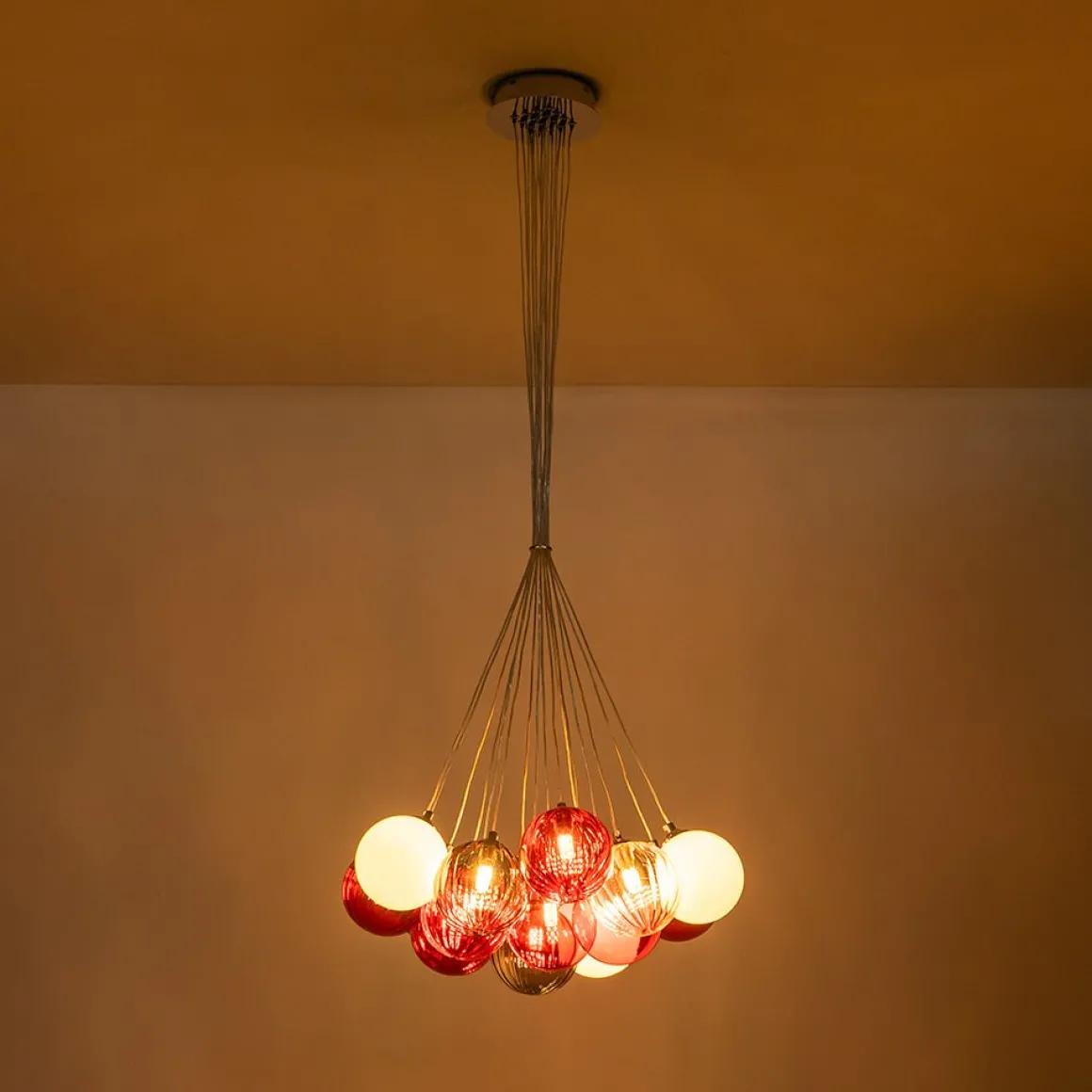 Pop Art Red Orange Hue Cluster Glass Globe Bubble Chandelier