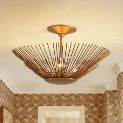 Radiant Antique Gild Gold Foiled Sunburst Round Semi Flush Mount