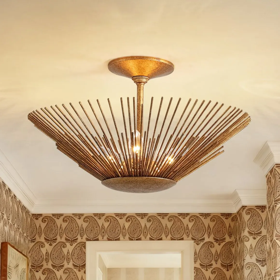 Radiant Antique Gild Gold Foiled Sunburst Round Semi Flush Mount