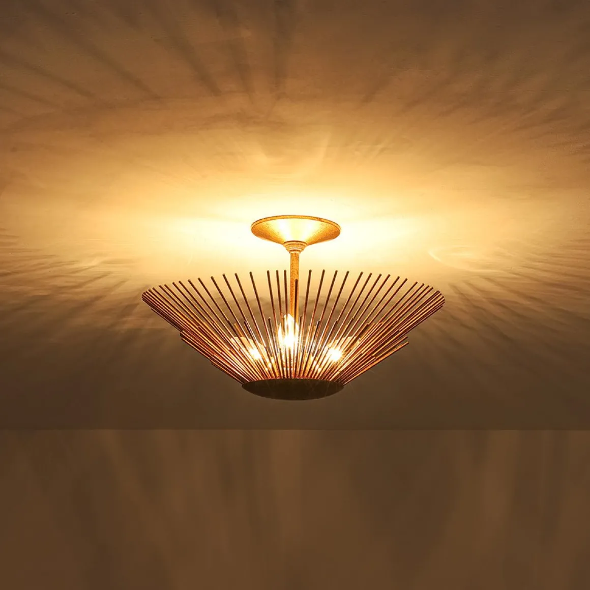 Radiant Antique Gild Gold Foiled Sunburst Round Semi Flush Mount