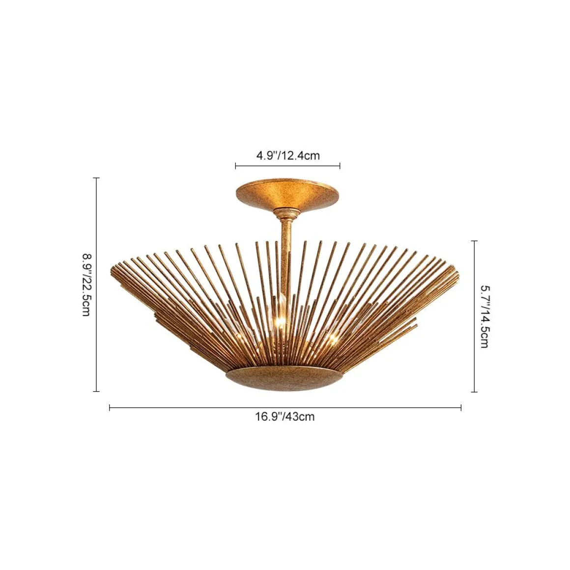 Radiant Antique Gild Gold Foiled Sunburst Round Semi Flush Mount