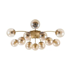 Retro Bloom 12-Light Amber Glass Bubble Semi Flush Chandelier
