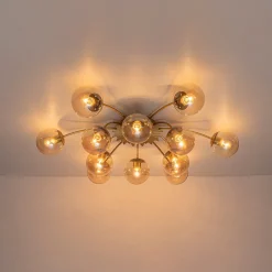 Retro Bloom 12-Light Amber Glass Bubble Semi Flush Chandelier