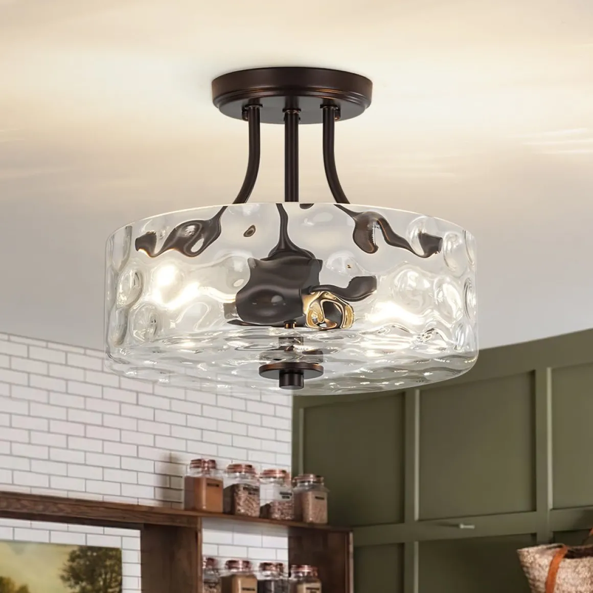 Round Drum Hammered Glass Semi Flush Mount