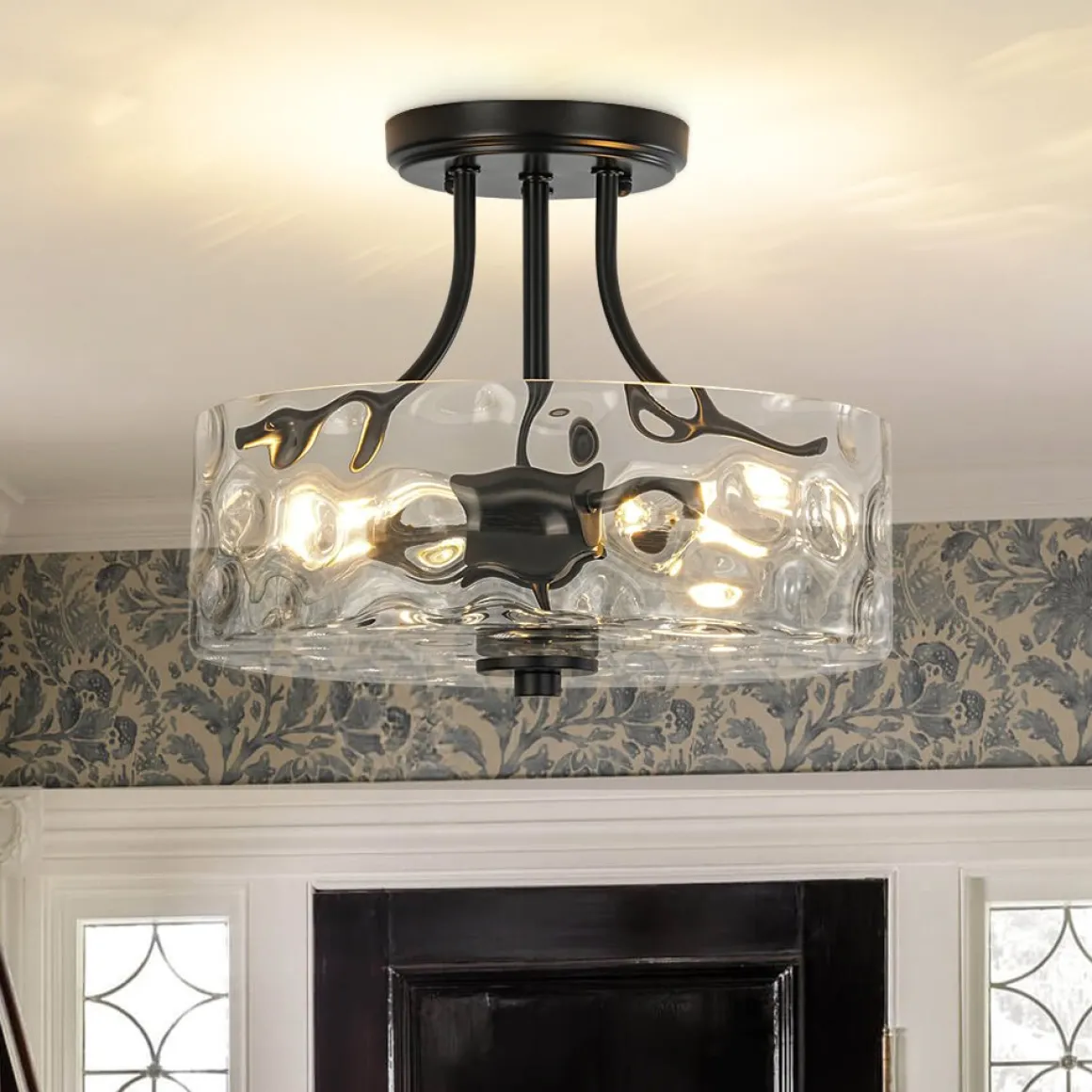 Round Drum Hammered Glass Semi Flush Mount