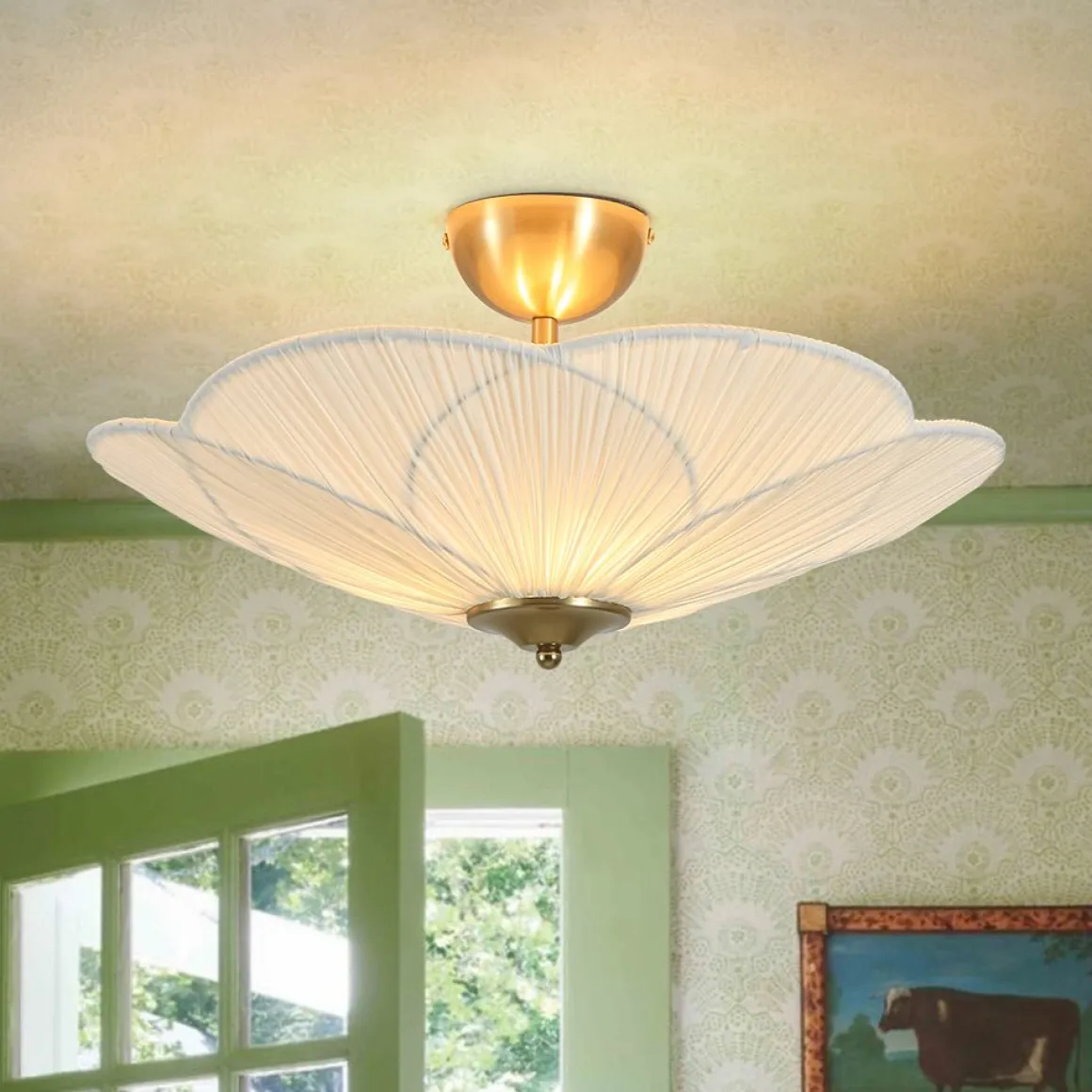 Round Pleated Flower White Fabric Semi Flush Mount