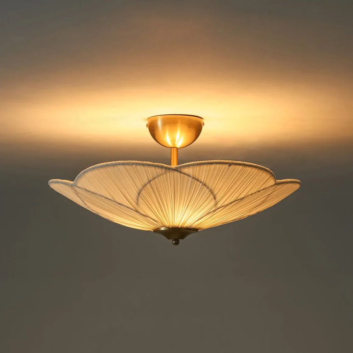 Round Pleated Flower White Fabric Semi Flush Mount