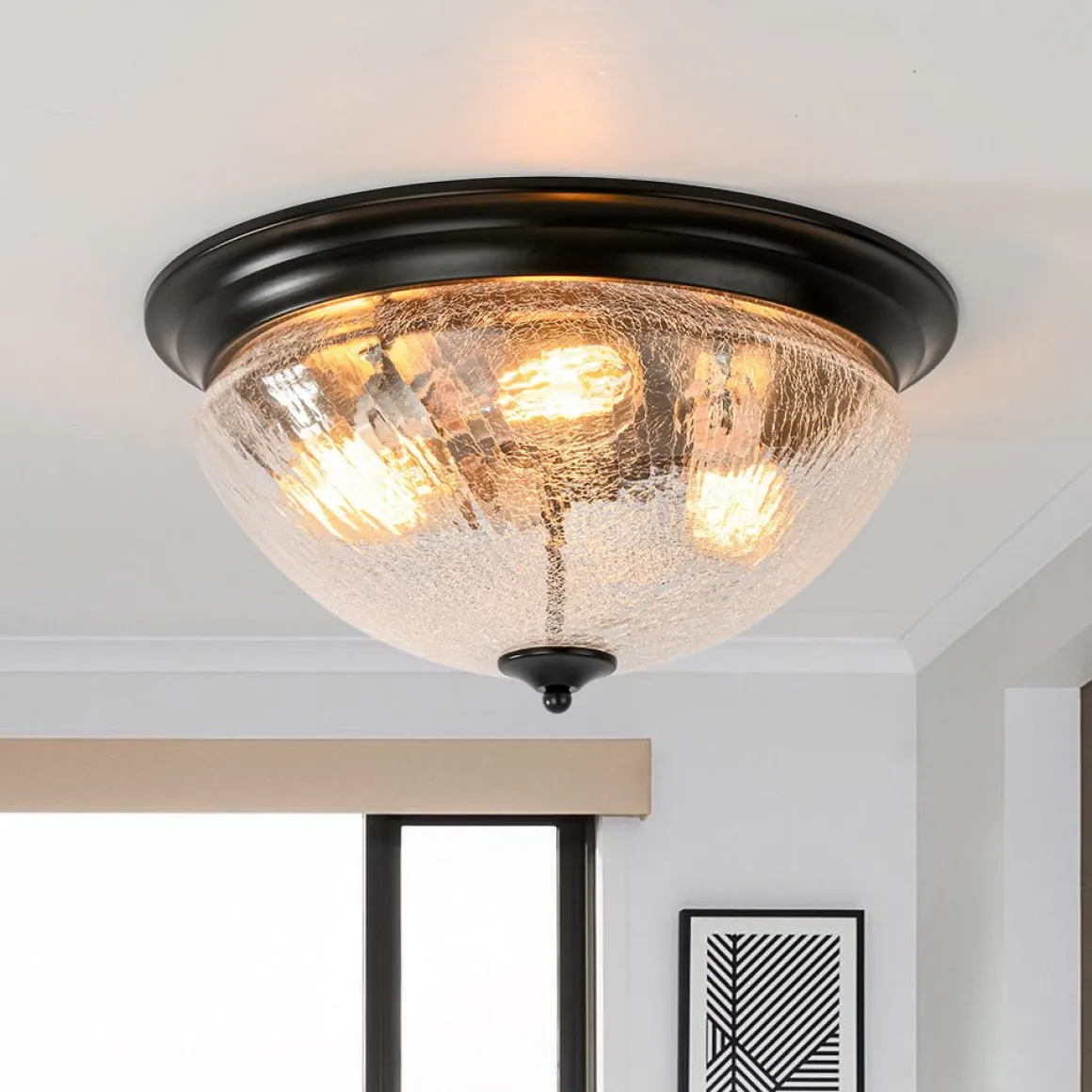 Round Textured Crackled Glass Flush Mount Ceiling Light