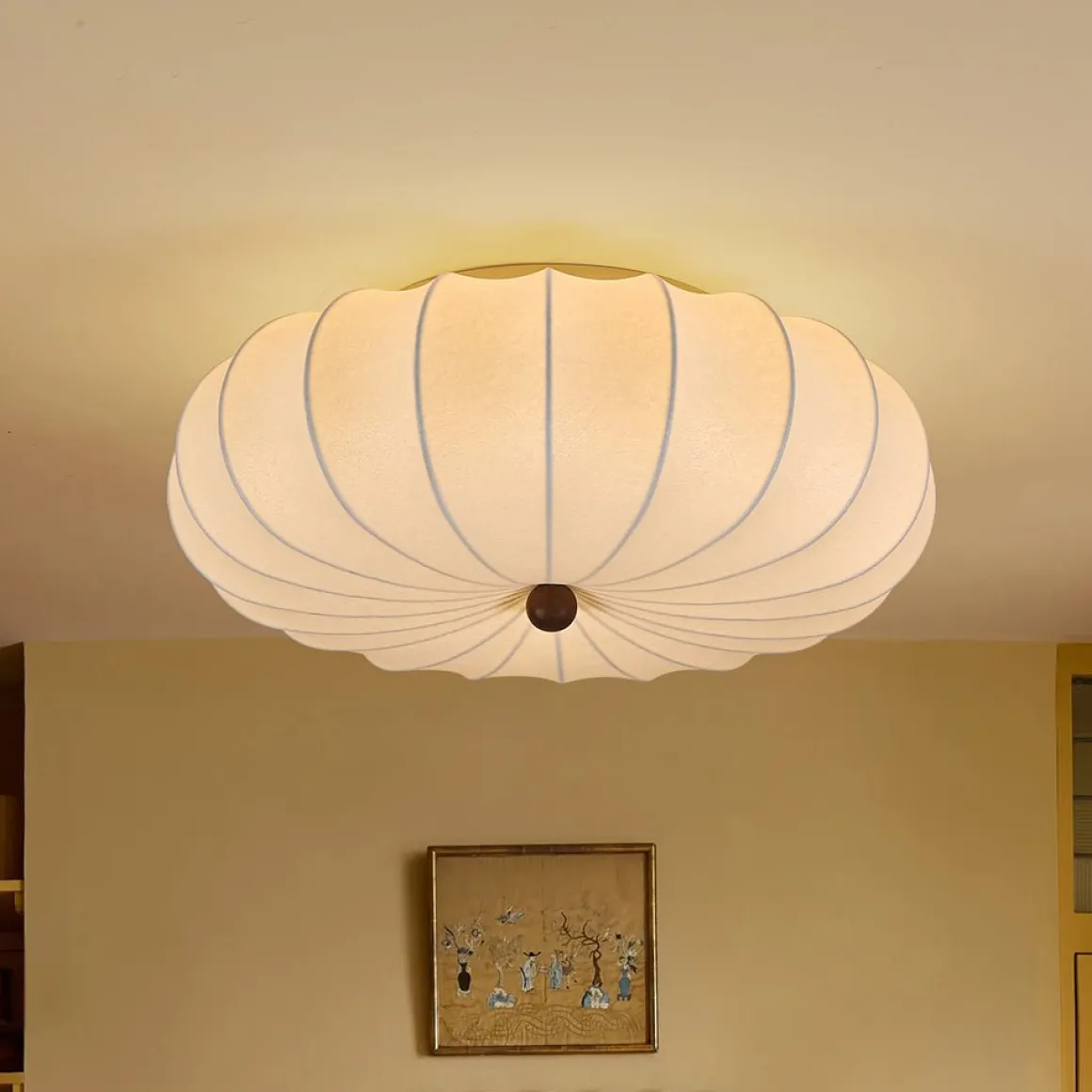Round White Silk Scalloped Cage Ceiling Light