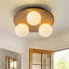Rural Frosted Glass Globe Wooden Round Semi Flush Mount