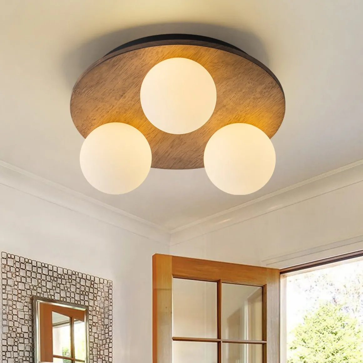 Rural Frosted Glass Globe Wooden Round Semi Flush Mount