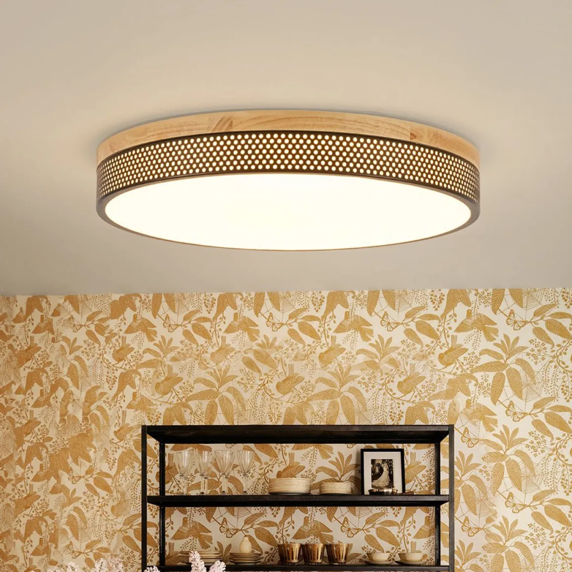 Rustic Black Mesh Wooden Dimmable LED Round Ceiling Light